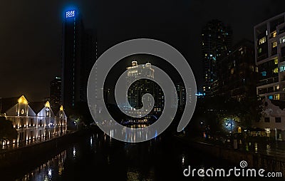 Singapore - January 2019: Singapore river night panorama Editorial Stock Photo