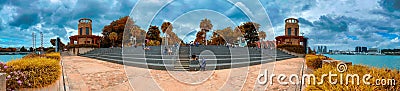 SINGAPORE - JANUARY 3, 2020: Tourists and locals enjoy Sentosa Park on a cloudy day, panoramic view Editorial Stock Photo