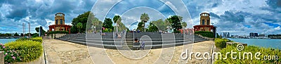 SINGAPORE - JANUARY 3, 2020: Tourists and locals enjoy Sentosa Park on a cloudy day, panoramic view Editorial Stock Photo