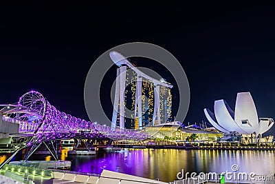 SINGAPORE - JULY 8,2016 : Helix Bridge and Marina Bay Sand Hotel Editorial Stock Photo