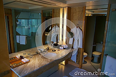 SINGAPORE - JULY 23rd, 2016: luxury Hotel room with modern interior, beautiful Large bathroom marble Editorial Stock Photo