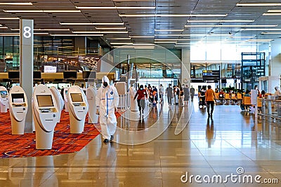 Changi Airport Terminal 1, uncrowded as travelling is restricted. Editorial Stock Photo