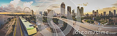 Singapore - June 14, 2021: Panorama evening aerial view of Singapore skyline any highway. Editorial Stock Photo