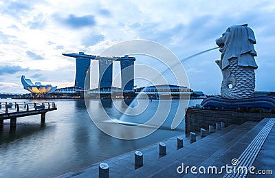 Singapore landmark Merlion with sunrise Editorial Stock Photo