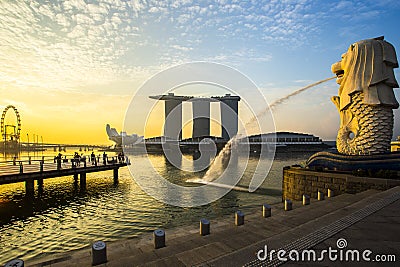 Singapore landmark Merlion with sunrise Editorial Stock Photo