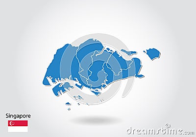 Singapore map design with 3D style. Blue Singapore map and National flag. Simple vector map with contour, shape, outline, on white Vector Illustration