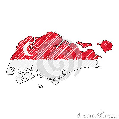 Singapore map hand drawn sketch. Vector concept illustration flag, childrens drawing, scribble map. Country map for Vector Illustration