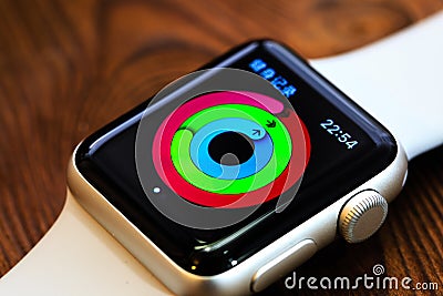 Singapore-12 MAR 2018:Activity App on Apple Watch Macro view, Chinese means fitness record Editorial Stock Photo