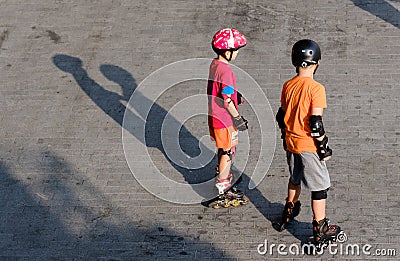 Singapore-23 MAR 2019:Little boy riding on rollers in the summer Editorial Stock Photo