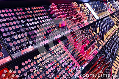 Singapore-18 MAR 2018: pink color cosmetic products on Display counter facade view Editorial Stock Photo