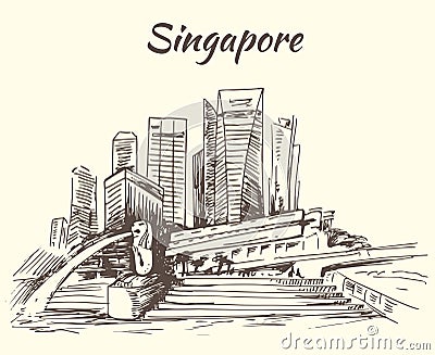 Singapore Marina Bay and Merlion Vector Illustration