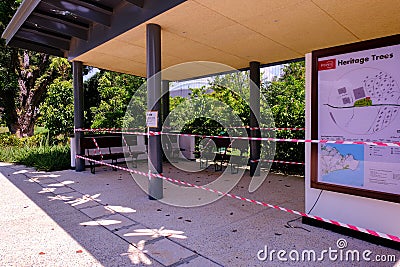 COVID-19. Park shelters are temporarily closed, sealed taped off for safe social distancing; heightened measures during Editorial Stock Photo