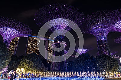 Singapore Night Landscape, Marina Bay Sands and Garden By The Bay Stock Photo