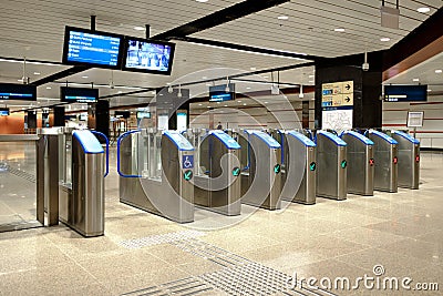 Singapore-08 NOV 2019: MRT ticket gate punch card area in Singapore city Editorial Stock Photo