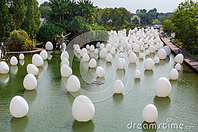 SINGAPORE-November 25, 2019: Installation of white eggs floating in water. Eggs are among seven interactive exhibits at GARDENS BY Editorial Stock Photo