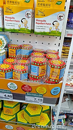 Singapore Seven Eleven Store Marina Bay Counter of Tiger Balm Mosquito repellent with price Editorial Stock Photo