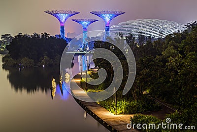 Singapore, Singapore - circa September 2015: Supertree Grove and Flower Dome in Gardens by the Bay Editorial Stock Photo