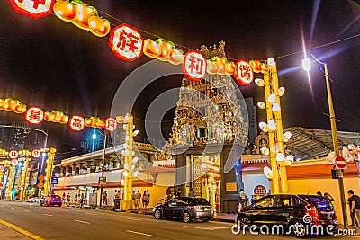 SINGAPORE, SINGAPORE - MARCH 10, 2018: Night view of Sri Mariamman hindu Temple in the Chinatown of Singapo Editorial Stock Photo