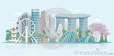 Singapore Skyline Flat Panoramic View Poster Vector Illustration