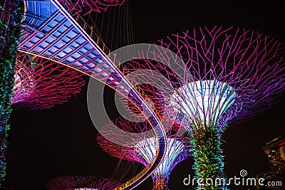 SINGAPORE: Supertrees and bridge illuminated for light show in gardens by the bay Editorial Stock Photo