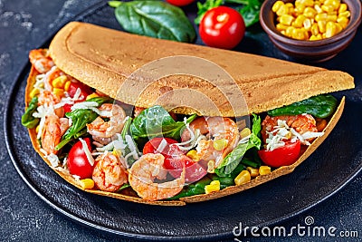 Singapore thick pancake with shrimps fresh spinach Stock Photo