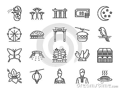 Singapore trip icon set. Included the icons as Merlion, Singapore flyer, Esplanade, Botanic gardens, Butterfly garden, casino, hot Vector Illustration