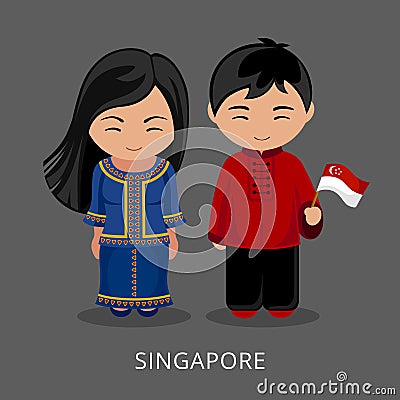 Singaporeans in national dress with a flag. Vector Illustration