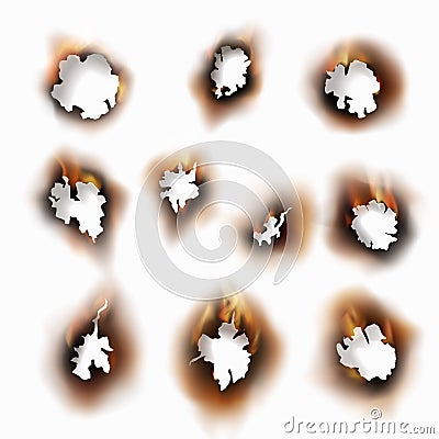 Singed paper. Burnt round holes flame collection, parchment with burns sheet edge, ash brown effect, fire cracked dirty Stock Photo