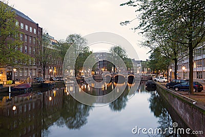 Singel channel early September morning, Amsterdam Editorial Stock Photo