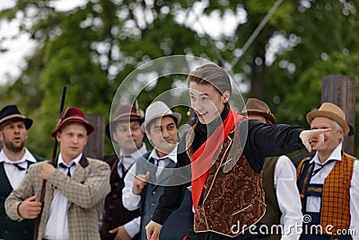 Singer Andrei Maksimov in the opera The Marksman outdoors Editorial Stock Photo