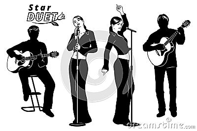 Silhouettes of Two Girls singing in duet and two musicians accompany them on acoustic guitars. Vector Illustration