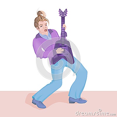 Singer with a guitar sings a song Vector Illustration