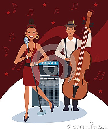 Singer and musician with instruments, Jazz music band, colorful design Vector Illustration