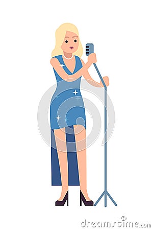 Singer performing. Female vocalist stands with microphone and sings song, musical performance. Karaoke or symphony Cartoon Illustration