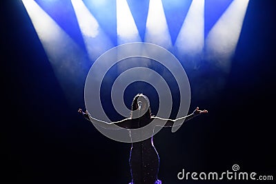 Singer performing on stage with lights. Concert. View from the auditorium Stock Photo