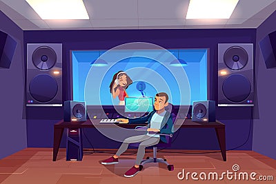 Singer and sound engineer in recording studio Vector Illustration