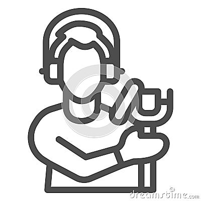 Singer with studio microphone line icon, Sound design concept, Man with microphone silhouette sign on white background Vector Illustration