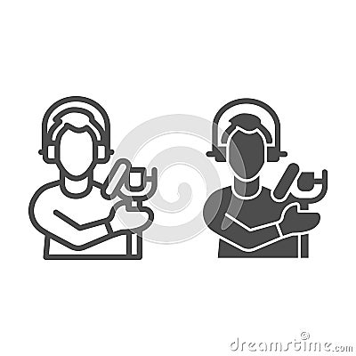 Singer with studio microphone line and solid icon, Sound design concept, Man with microphone silhouette sign on white Vector Illustration