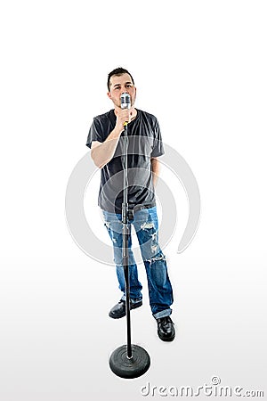 Singer Vocalist Isolated on White arm behind back Stock Photo