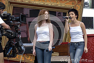 The singers of the group Tatu, Lena Katina and Julia Volkova, during the rehearsals of the show Editorial Stock Photo