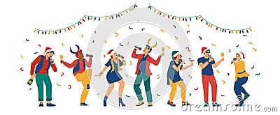 Singers with microphones singing christmas songs at karaoke or music show. Vector Illustration