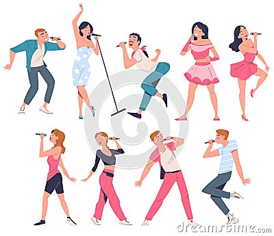 Singers performing with microphones set. Young men and women singing song and dancing cartoon vector illustration Vector Illustration
