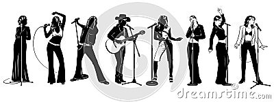 Singers Silhouette Set. Jazz, pop, rock, country, disco vocalists. Vector Illustration