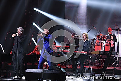 Singers Soso Pavliashvilli L and Stas Piekha R performs on stage during the Viktor Drobysh 50th year birthday concert Editorial Stock Photo