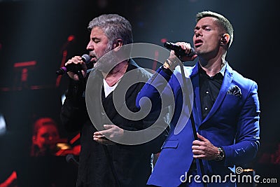 Singers Soso Pavliashvilli L and Stas Piekha R performs on stage during the Viktor Drobysh 50th year birthday concert Editorial Stock Photo