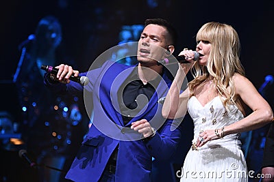 Singers Stas Piekha and Valeria performs on stage during the Viktor Drobysh 50th year birthday concert Editorial Stock Photo