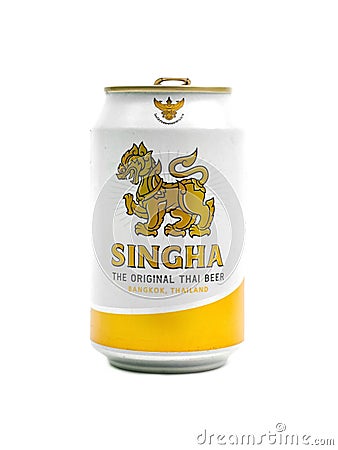 Singha beer drink, short can or small can, isolated on white background. Editorial Stock Photo