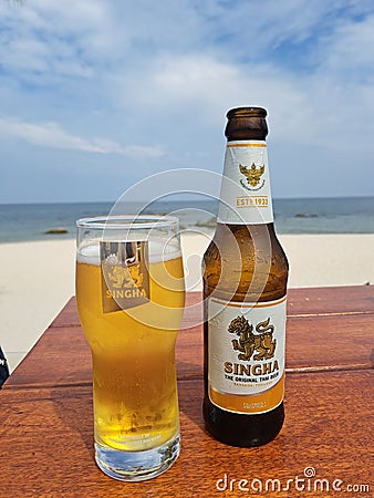 Singha beer glass and bottle Editorial Stock Photo