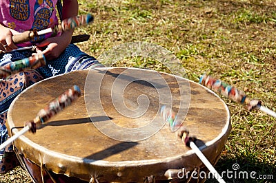 Singing and beating the leather drums Stock Photo
