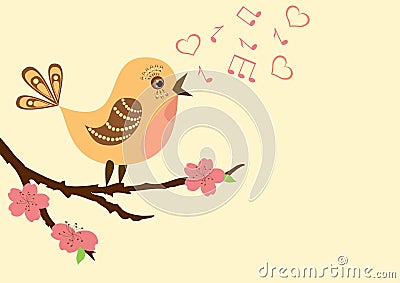 Singing bird on a blossoming branch. Vector Illustration